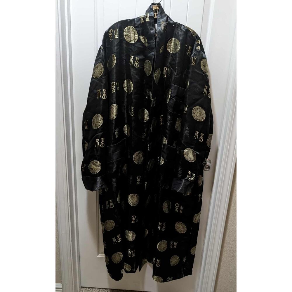 Vintage Lotus Black and Gold Medallion Satin Short Robe Asian Style Size XXL